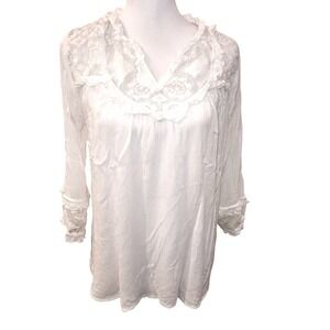 Crown & Ivy White Boho Lace‎ Trimmed V Neck Tunic Top Blouse Women L